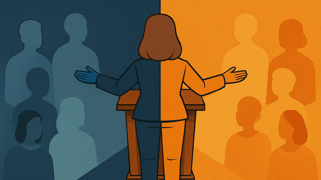 Illustration of a speaker at a podium divided in orange and blue. Towards one side, she is speaking to a blu audience. Towards the other side, an orange audience.