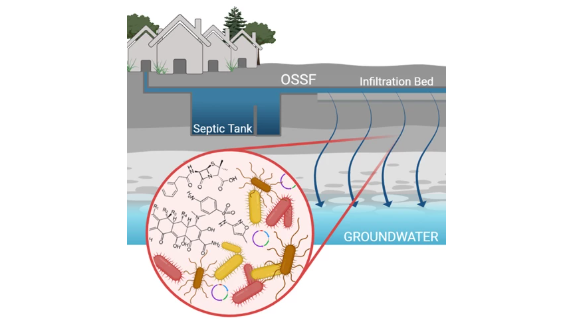 Spridning av AMR från enskilda avlopp till grundvatten. Illustration.