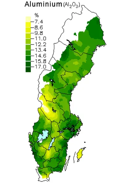 Medelhalter av aluminium i skogsmarker. Karta över Sverige.