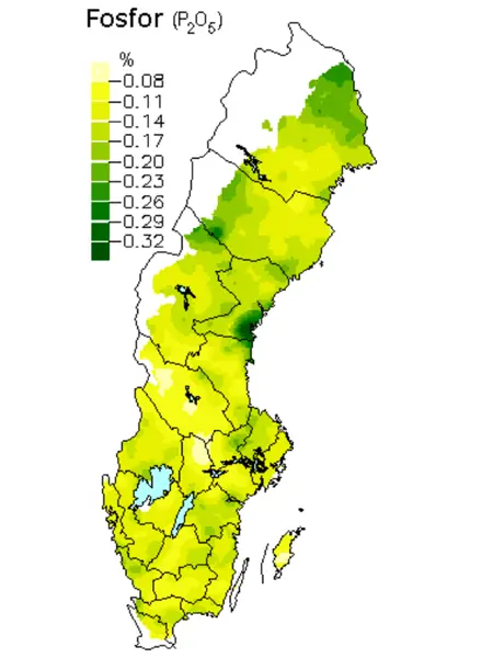 Medelhalter av fosforoxid i skogsmark. Karta över Sverige.