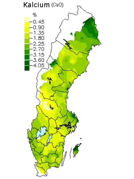 Medelhalter av kalciumoxid i skogsmarker. Karta över Sverige.