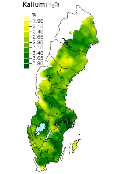 Kaliumoxid i skogsmarker. Karta över Sverige.