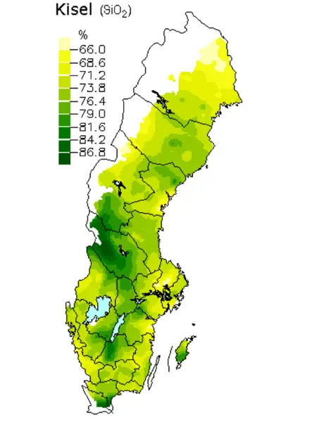 Kiseldioxid i skogsmarker. Karta över Sverige.
