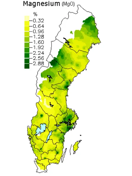 Magnesiumoxid i skogsmarker. Karta över Sverige.