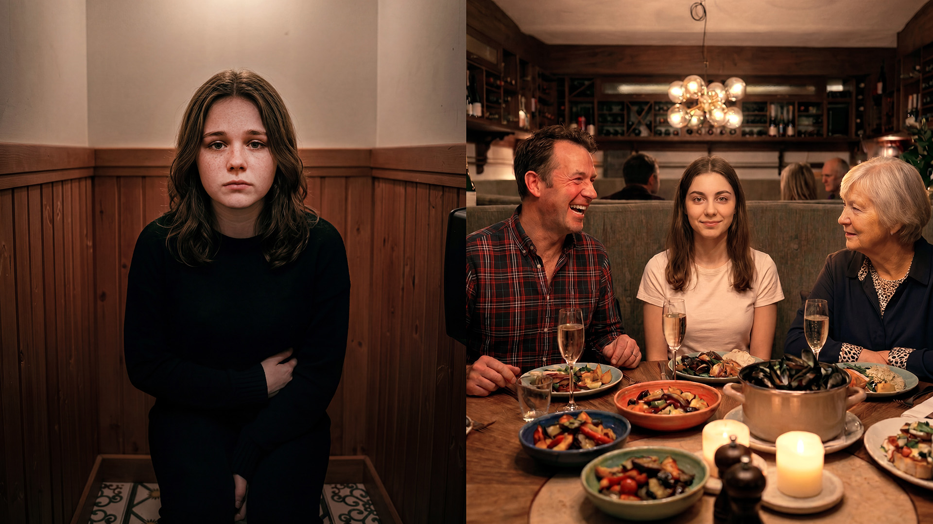 Bild till vänster: Ung kvinna som ser ledsen ut och håller sig om magen. Bild till höger: Samma kvinna sitter på en restaurang omgiven av pappa och farmor, hon ser glad ut. Ai-genererad bild.