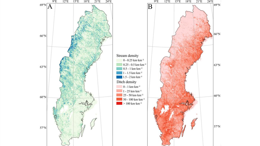 Density of channels predicted by Study IV’s model across Sweden. Darker tones represent higher channel density. (A) Streams have been detected more often in the northwest. (B) Ditches were often detected around the east coast and southern Sweden.