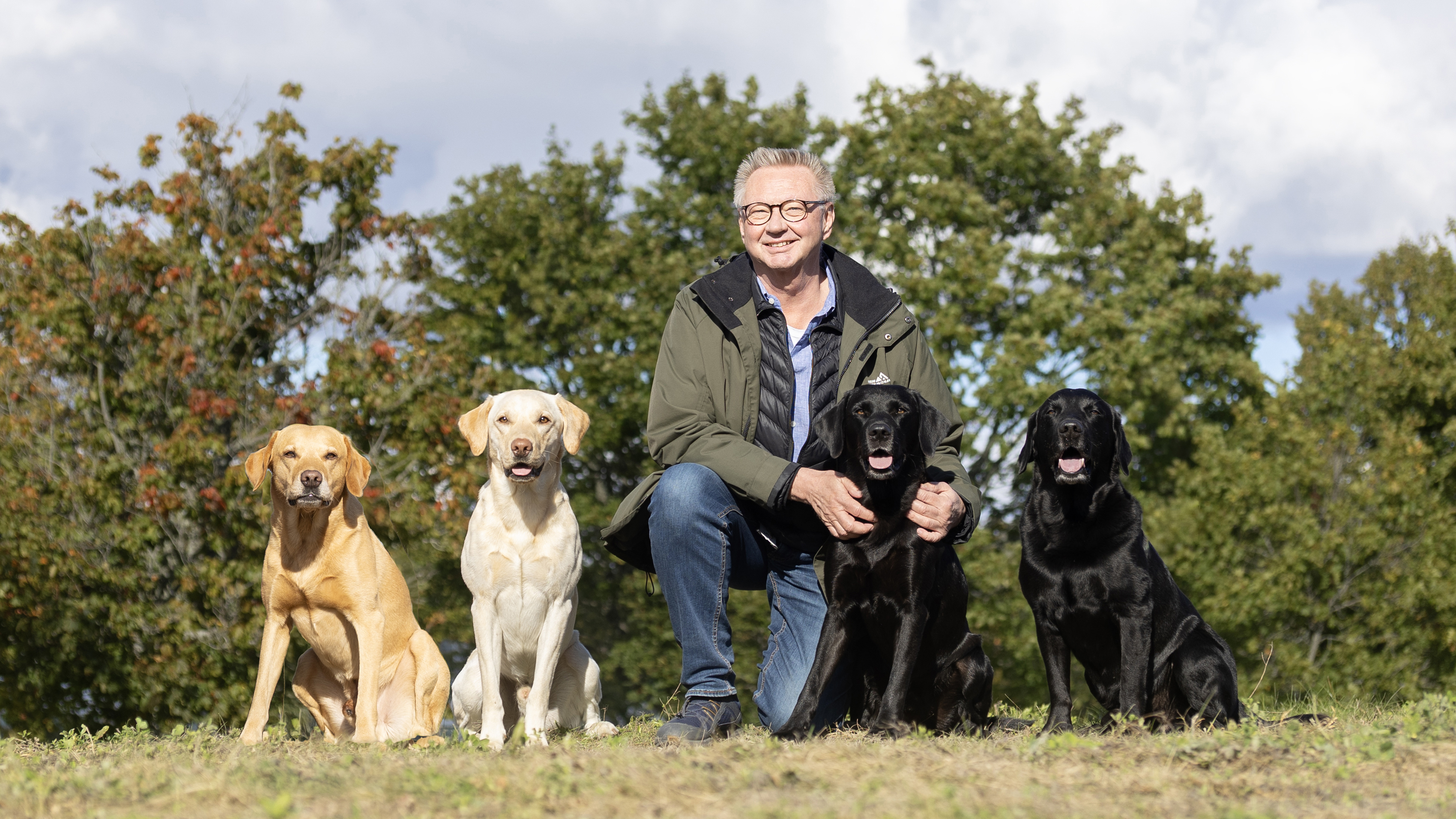 Foto av en man sittandes på huk (Erling Strandberg, SLU) utomhus en solig höstdag med ett gäng hundar av rasen labrador retriever.