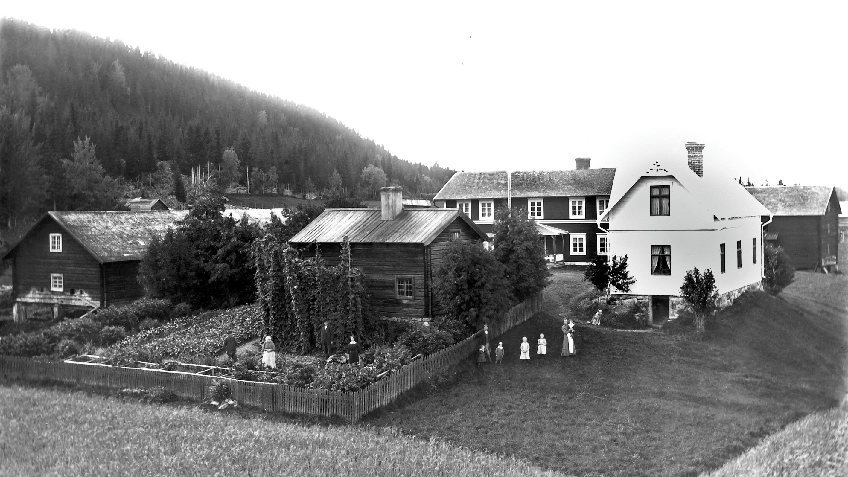 Ett svartvitt foto visar en gård i Jämtland. Gården består av bostadshus och lador. Framför huset står familjen och tittar på fotografen. 