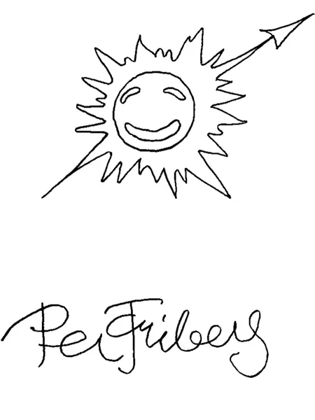 Per Fribergs omisskännliga norrpil som användes på alla ritningar, och hans namnteckning.