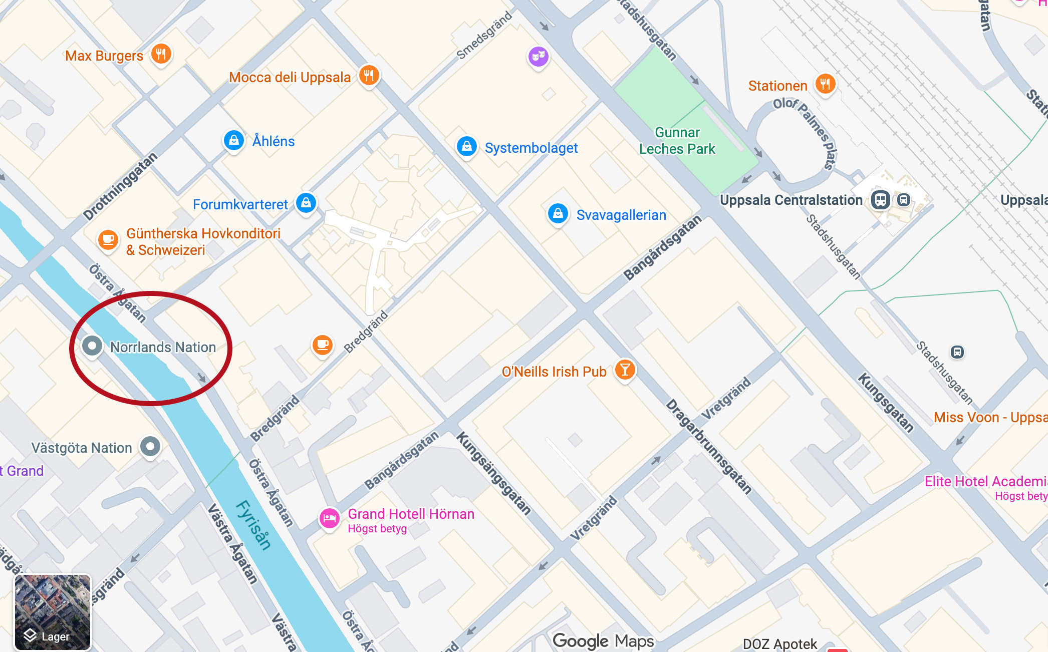 Map over central Uppsala.