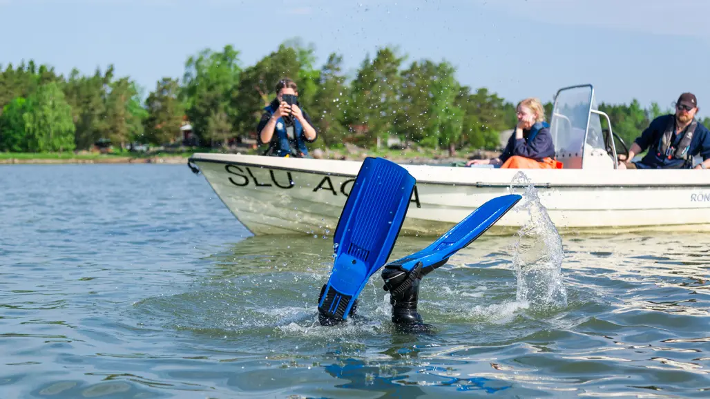 A pair of legs with blue fins sticks out of the water while a diver disappears below thae surface. In the background is a white boat with the text 'SLU AQUA', where three people are sitting