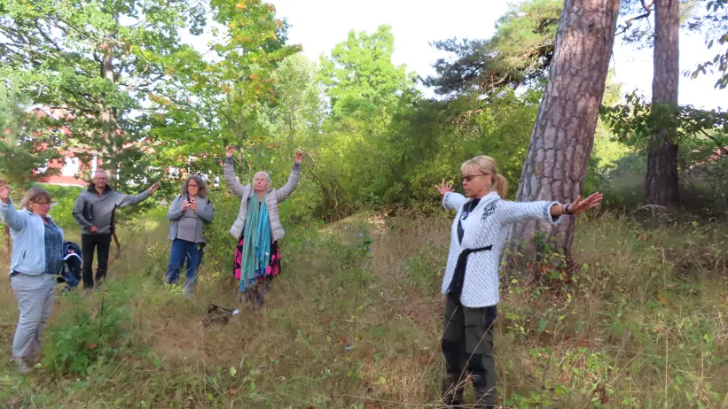 Personer står under ett träd med armarna utsträckta