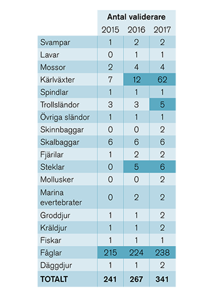 Tabell med antal validerare