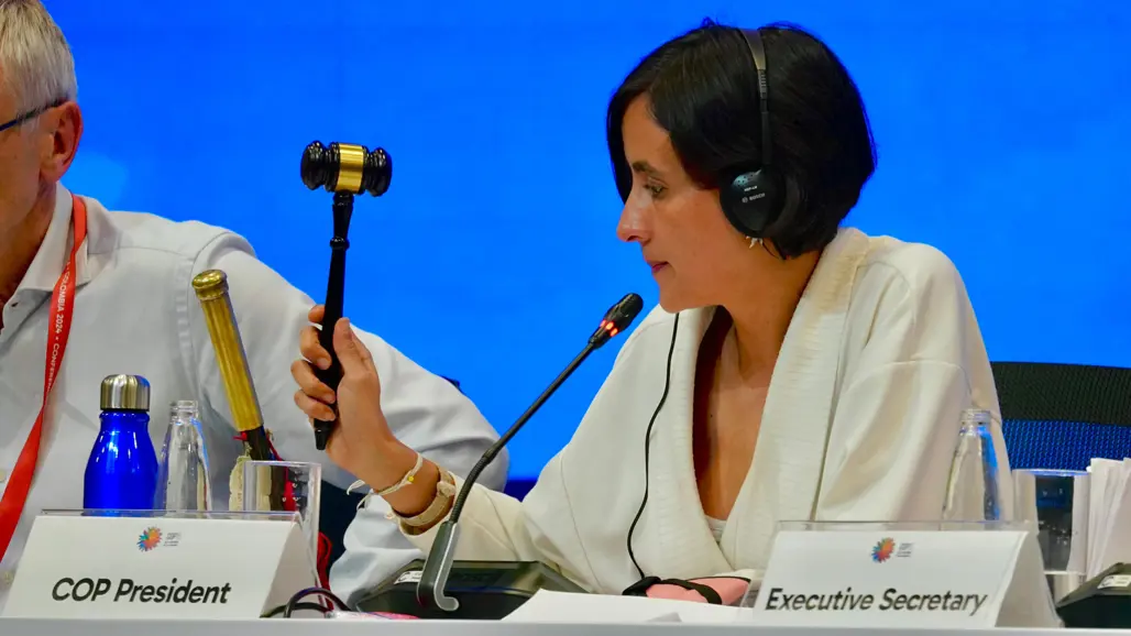 A woman bangs a chairman's gavel on the table