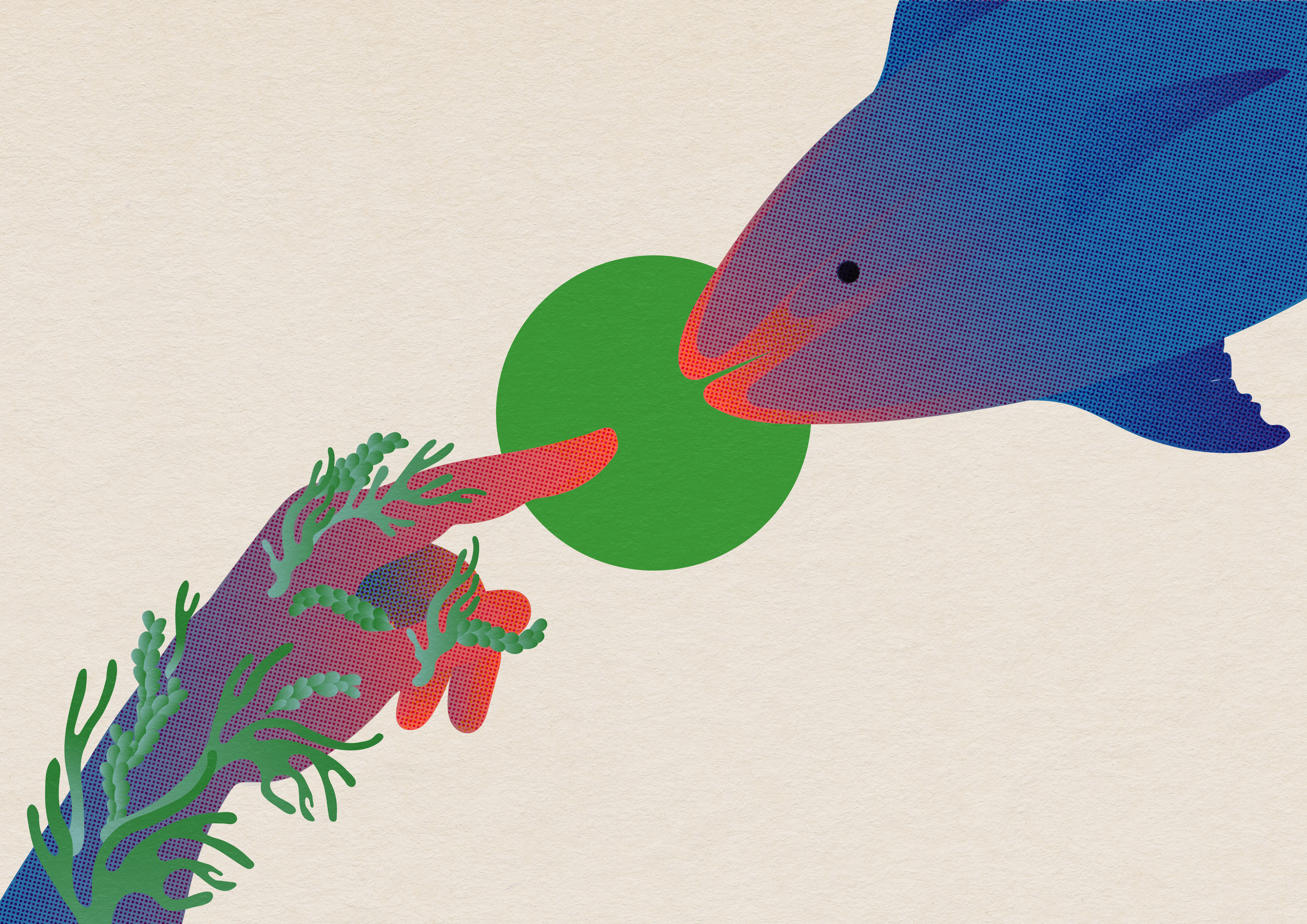 Illustrationsbild av en fisk och en hand som möter varandra. 