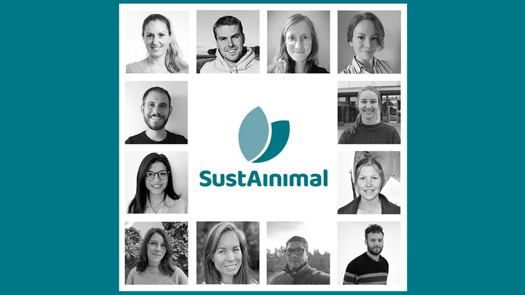 Kollage med SustAinimals doktorander runt SustAinimals logotyp. Turkos bakgrund.