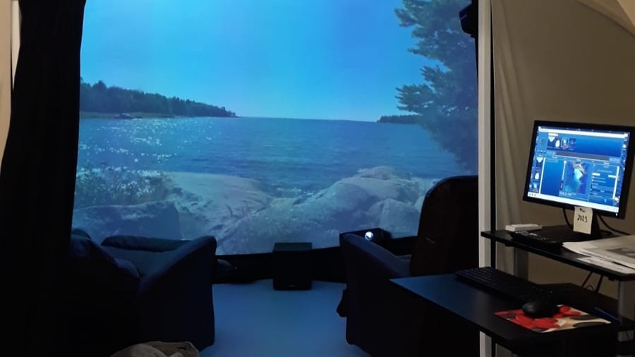 En person ligger i en säng i en dome med naturmotiv