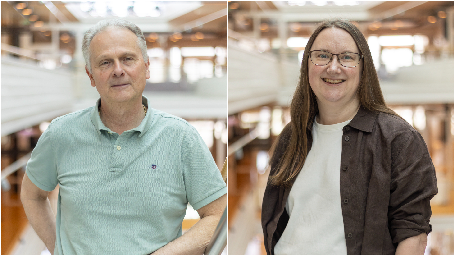 Kollage med två porträttbilder, till höger en kvinna (Anne-Lie Blomström, SLU) och till vänster en man (Mikael Berg, SLU), båda inomhus.