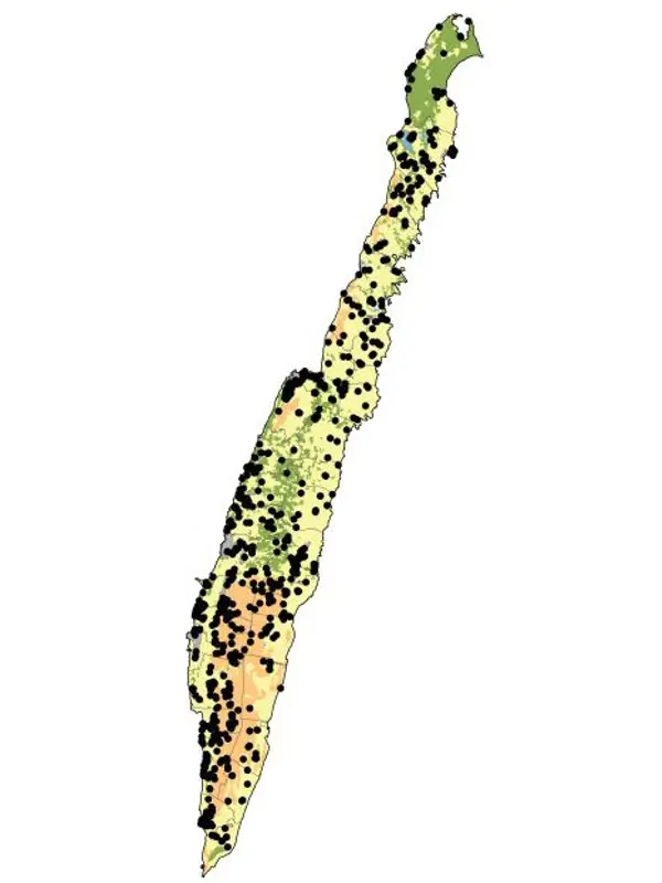 Karta över Öland med prickar på. Karta