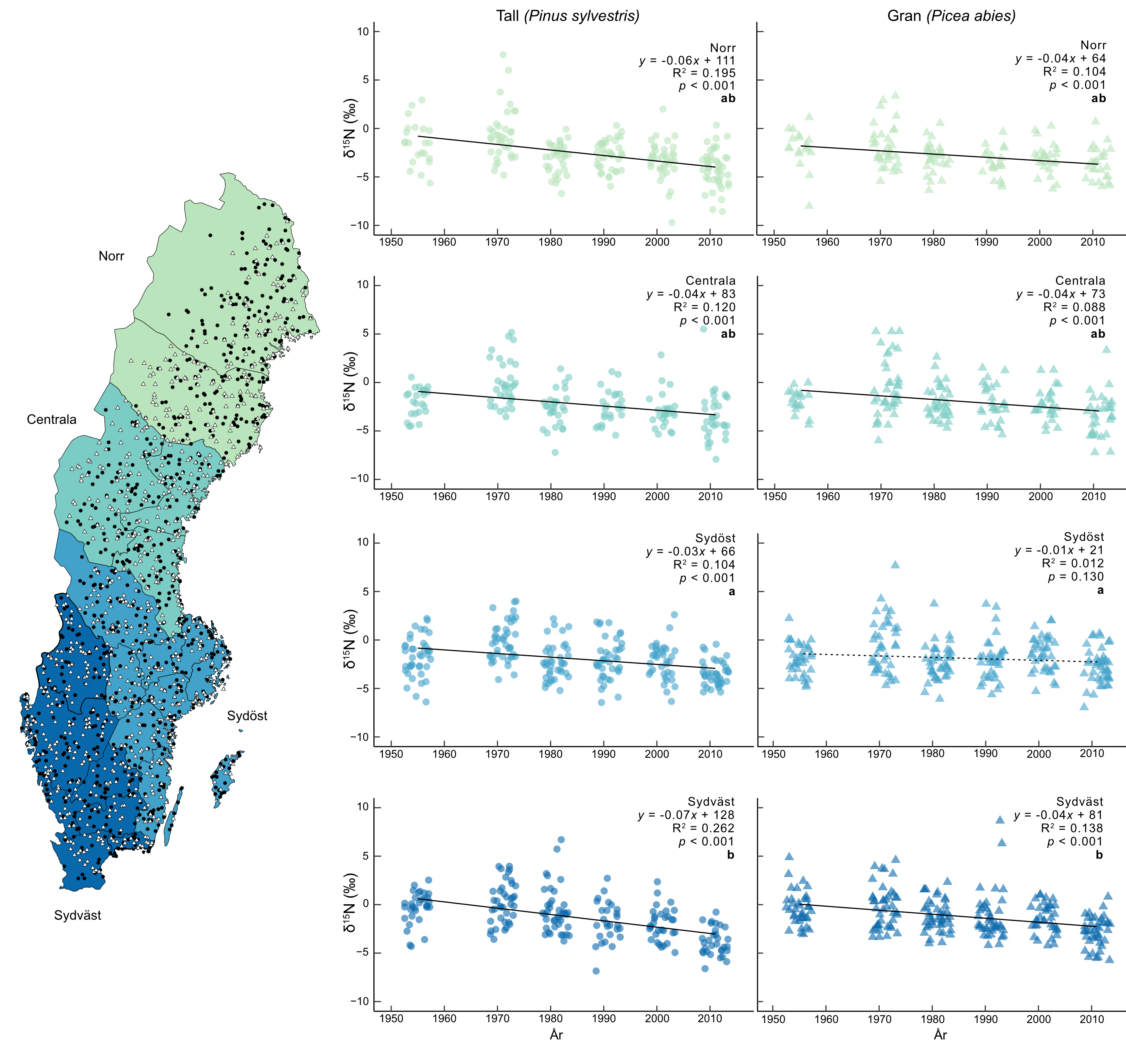 Studien visar att ration mellan stabila kväveisotoper (en indikator för skogens kvävetillgänglighet) stadigt minskar över tid i både gran och tall, över hela landet. Bild: Kelley Bassett/SLU.