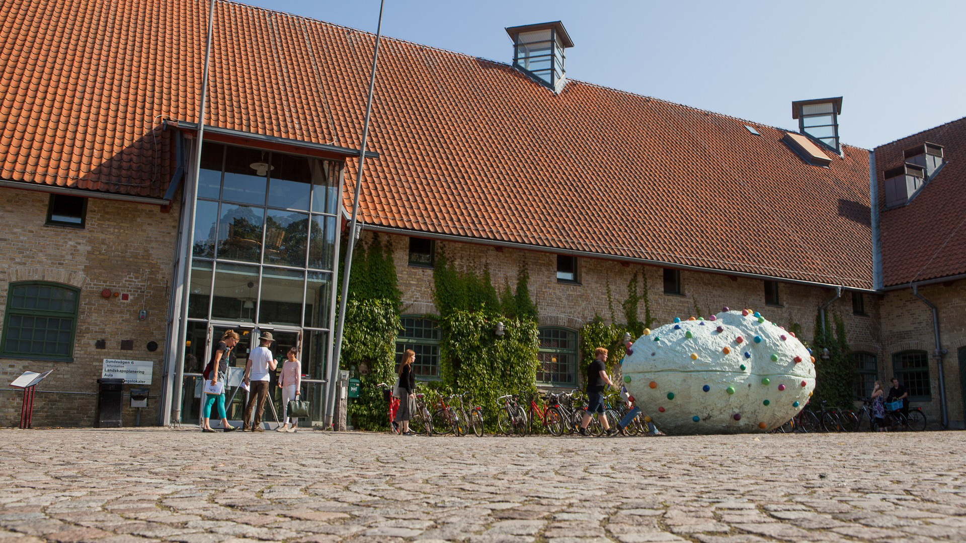 Students in front of the main entrance (Alnarpsgården) at SLU in Alnarp.