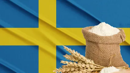 En säck med mjöl framför en svensk flagga, bildcollage.