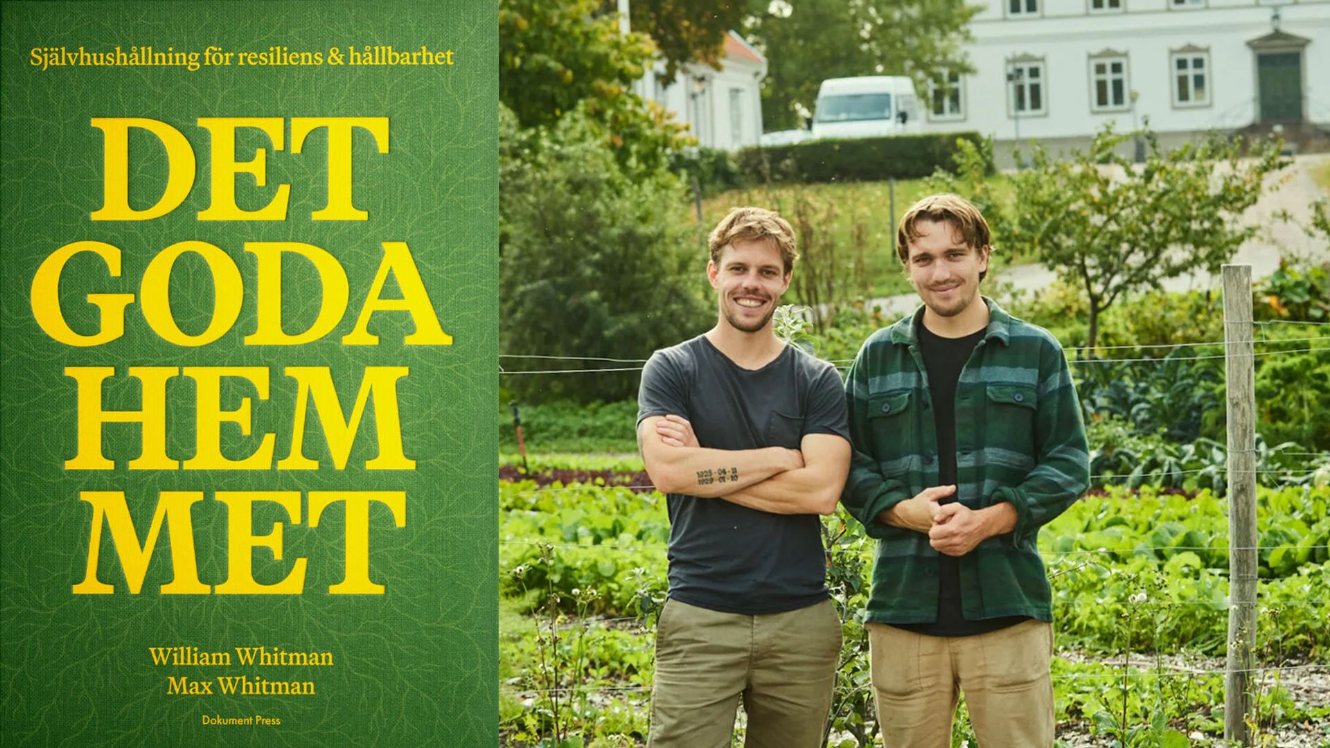 Collage photo of the book cover and Max and William standing in a permaculture plantation.