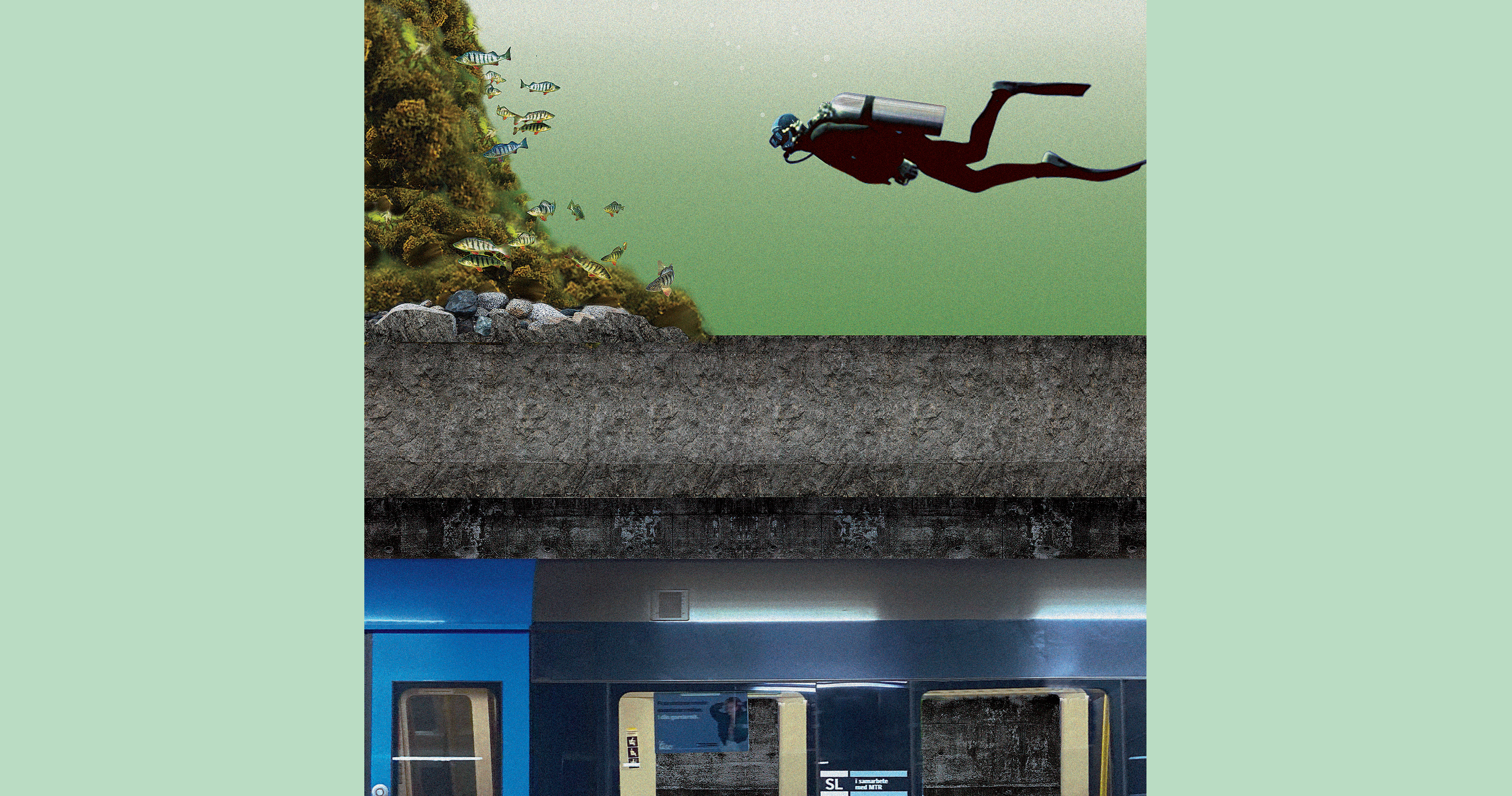 Illustrationsbild av en dykare i vatten och tunnelbana
