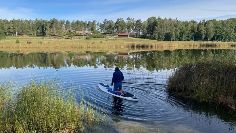 En person står på knä på en stand up paddle board