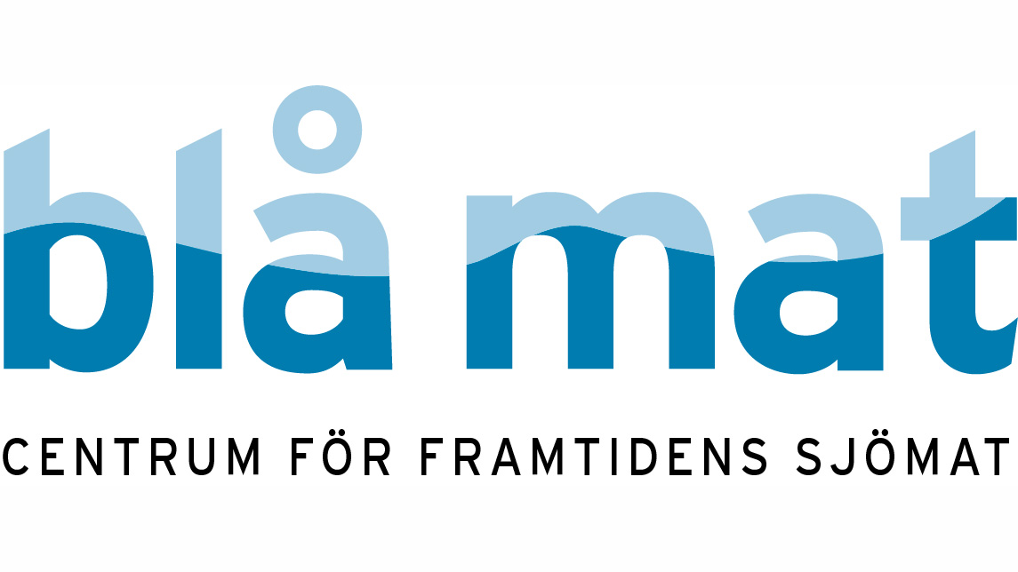 Logotyp för projektet Blå mat - centrum för framtidens sjömat. Texten blå mat är fetstil och blå, resten av texten är svart. 