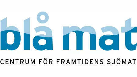 Logotyp för projektet Blå mat - centrum för framtidens sjömat. Texten blå mat är fetstil och blå, resten av texten är svart.