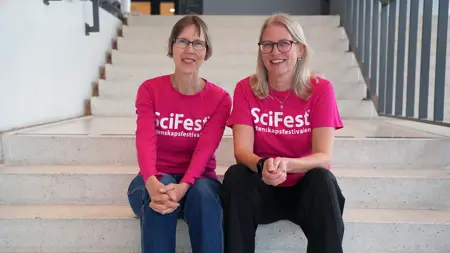 Två kvinnor i rosa tröjor sitter i en trappa.