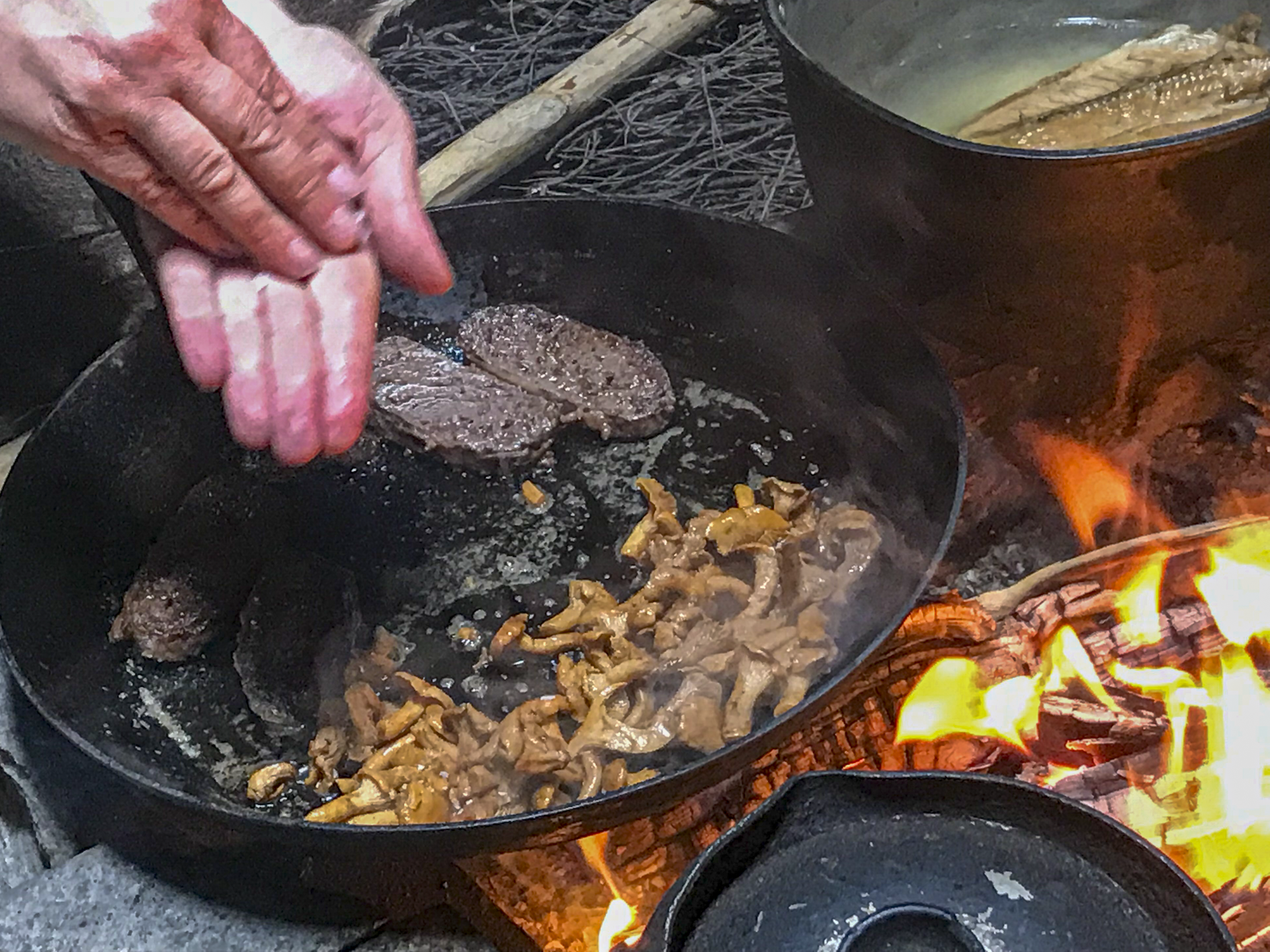 Renkött steks i en gjutjärnspanna över öppen eld.