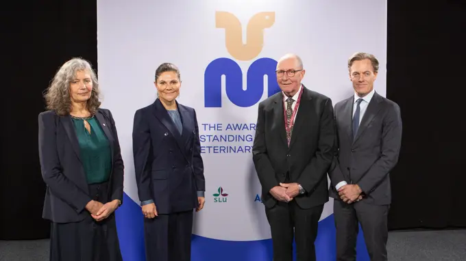 Fyra personer ler in i kameran. I bakgrunden syns en bakgrundsskärm med en logotyp och lite text.