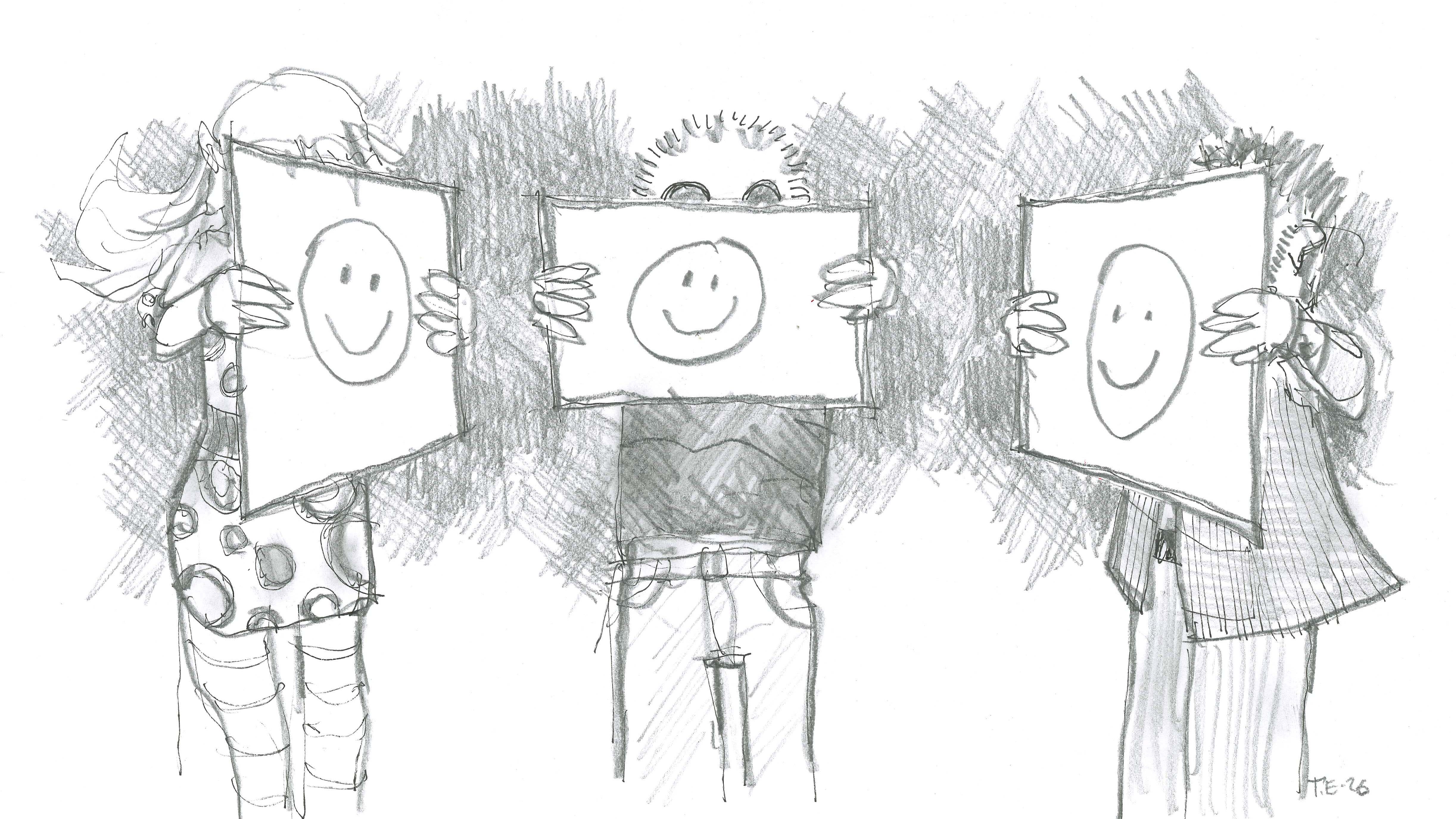 Tre personer, vända mot varandra, håller upp planscher med glada smileys framför sina ansikten, som skymmer deras verkliga ansiksuttryck.