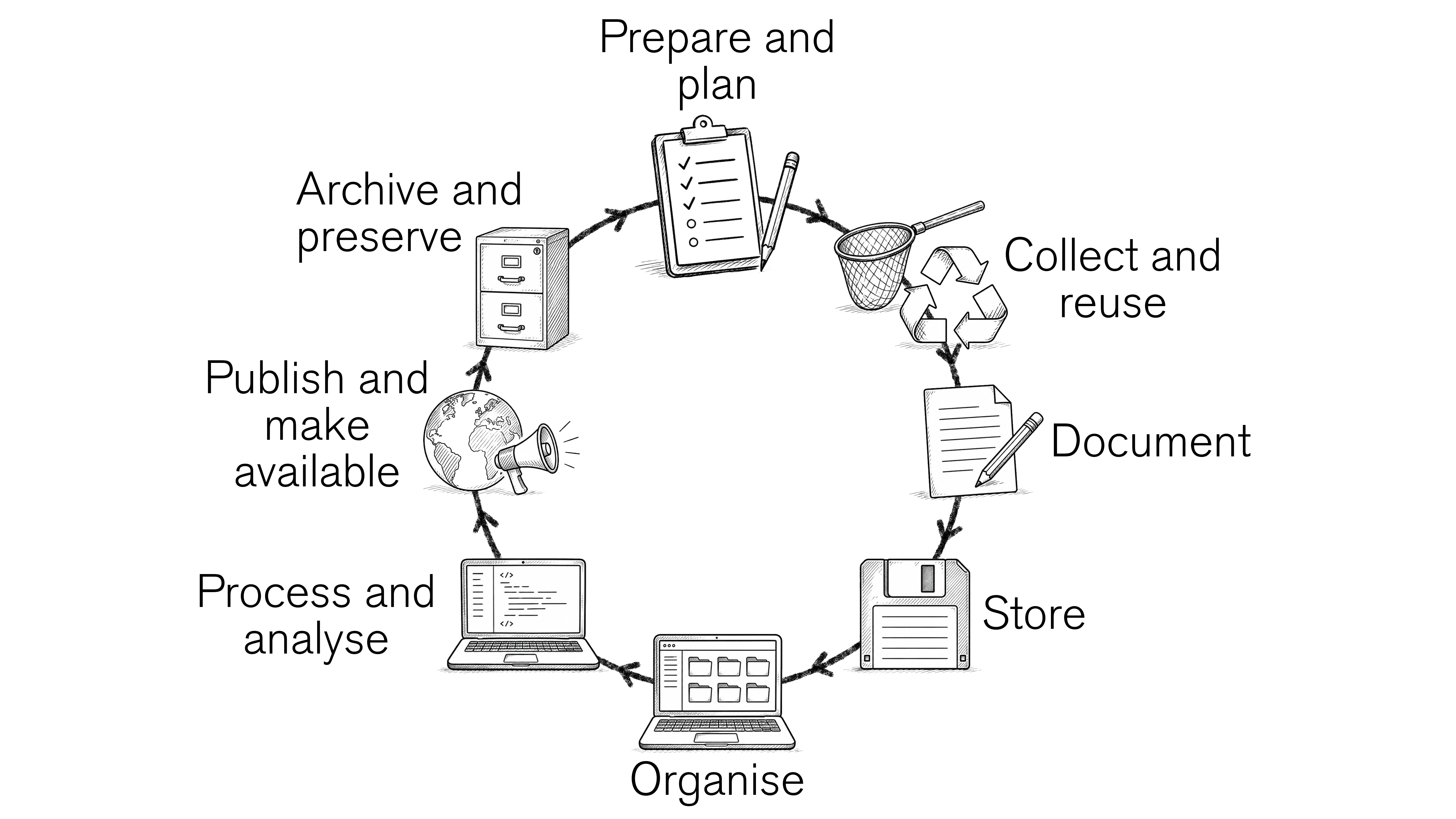 Schematic diagram illustrating the research data life cycle. Illustration.