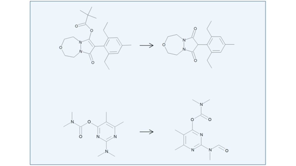 Strukturformler för två olika bekämpningsmedel och nedbrytningsprodukter