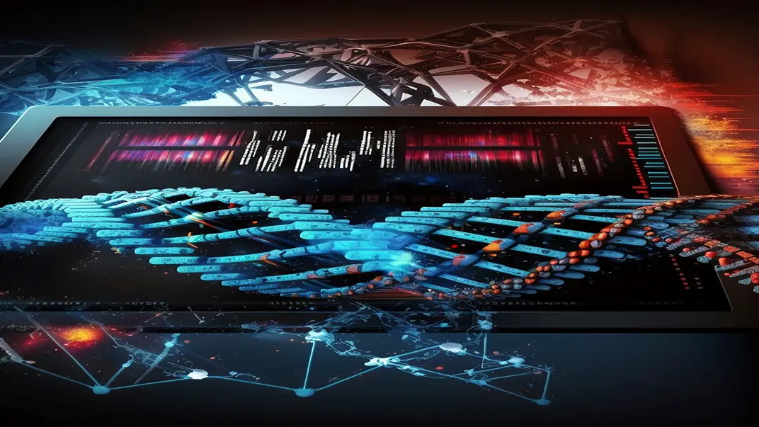 DNA strand and screen showing statistics. Photo: Erik Bongcam Rudloff