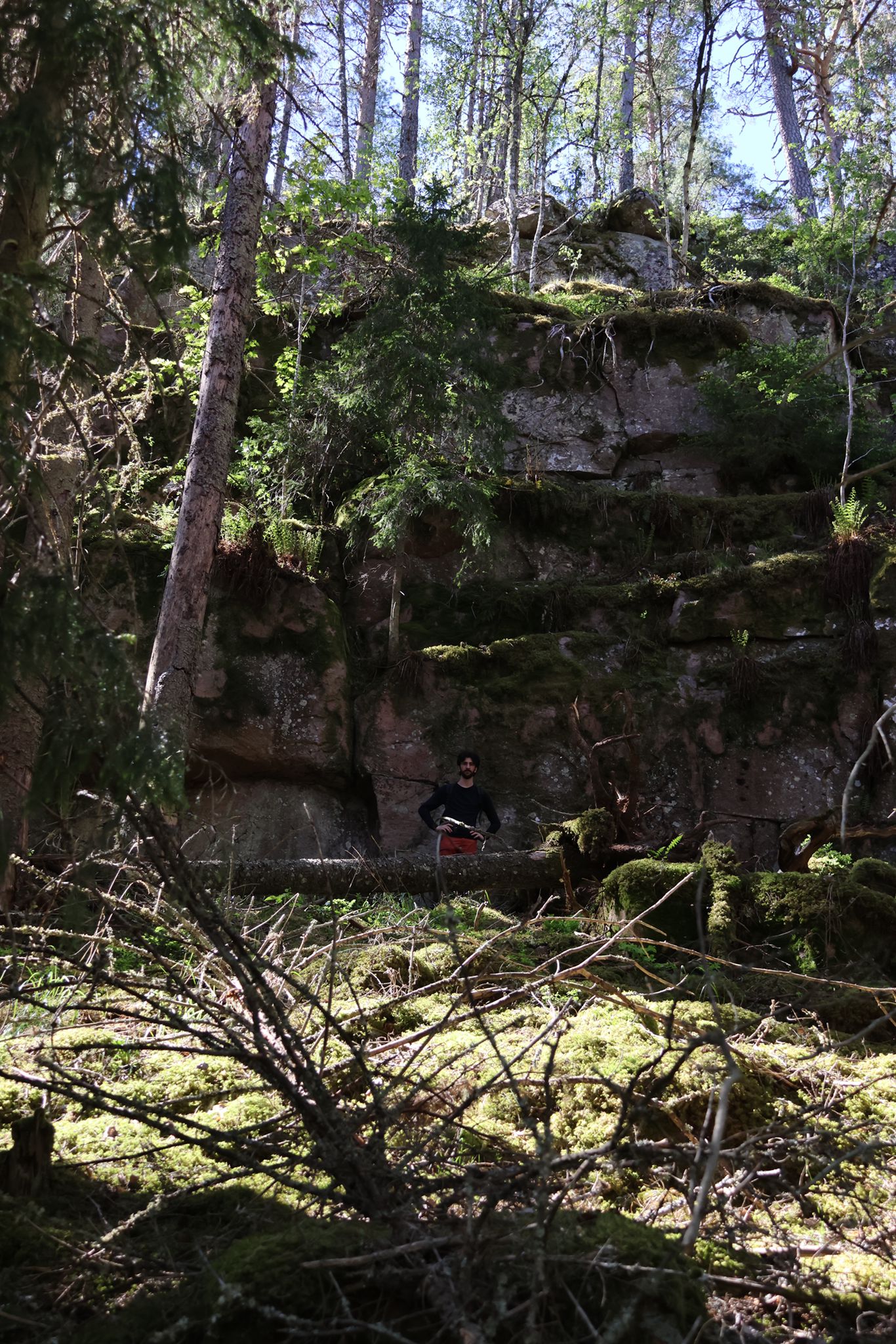 En person som står framför en stor klippa i skogen. Foto.