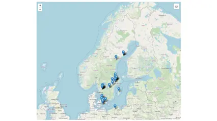 Karta över Sverige med digitala knappnålar på ett antal platser.