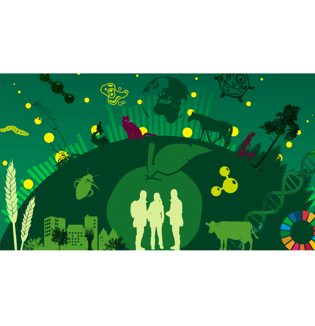 Illustrationer av katt, skalbagge, stad, ko, vete, koldioxid, vatten, mikroskop, koldioxid, DNA-sträng, häst med flera i olika nyanser av grönt mot mörkgrön bakgrund.