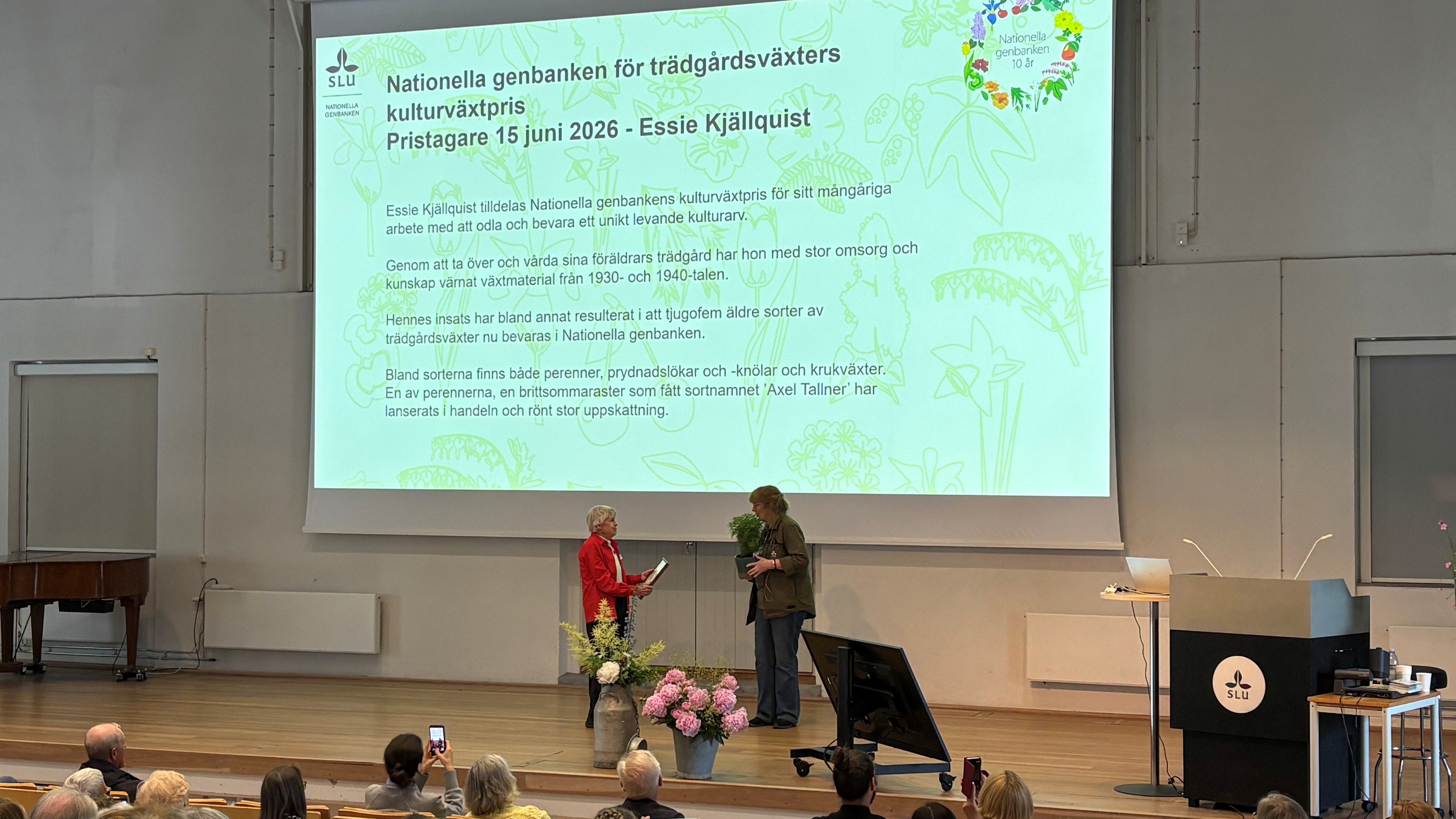 Essie Kjällquist står på scenen i Alnarpsgårdens aula. På skärmen i bakgrunden syns motiveringen till priset. 