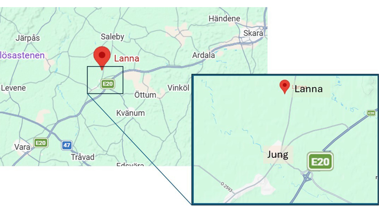 En karta som visar att Lanna försöksstation ligger mellan Vara och Skara.