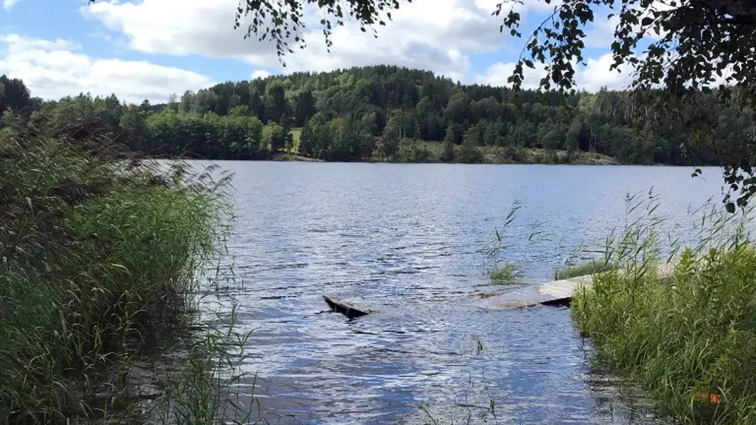 Sjöbrygga under vatten. Foto.
