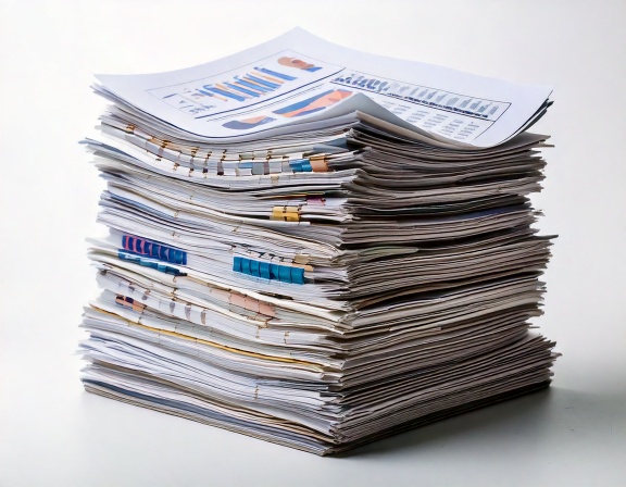  En hög med forskningsrapporter och akademiska artiklar staplade ovanpå varandra i en lång, oordnad hög. Pappren har synlig text, diagram och grafer, och är sammanbundna med klämmor eller häftklamrar. Bakgrunden är vit, vilket framhäver detaljerna i de staplade dokumenten.