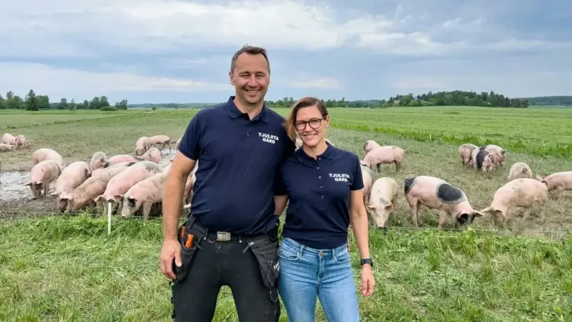 Oskar and Maria in front of a group of outdoor pigs. Photo.