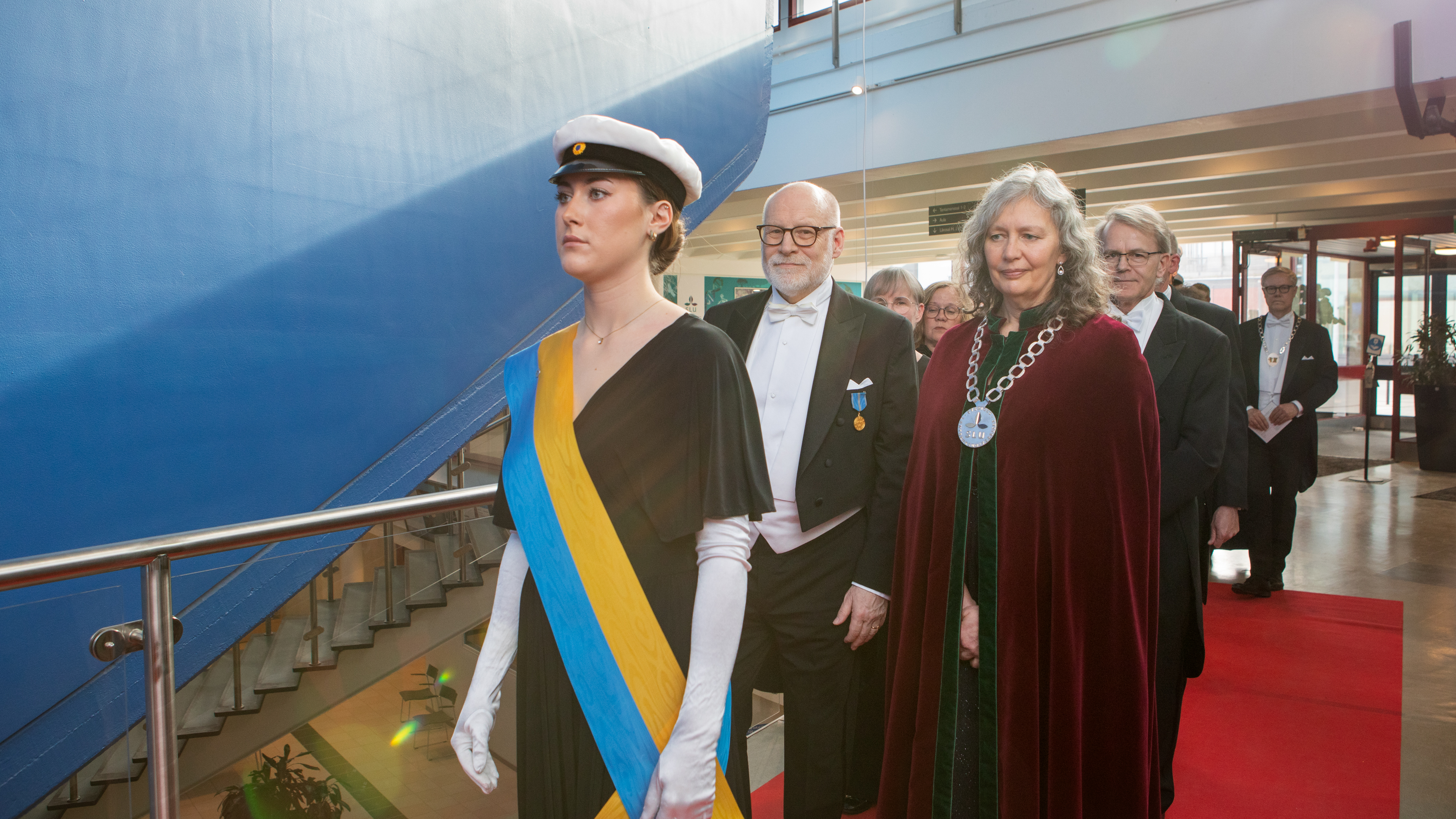 Högtidligt klädda personer med går i procession på en röd matta.