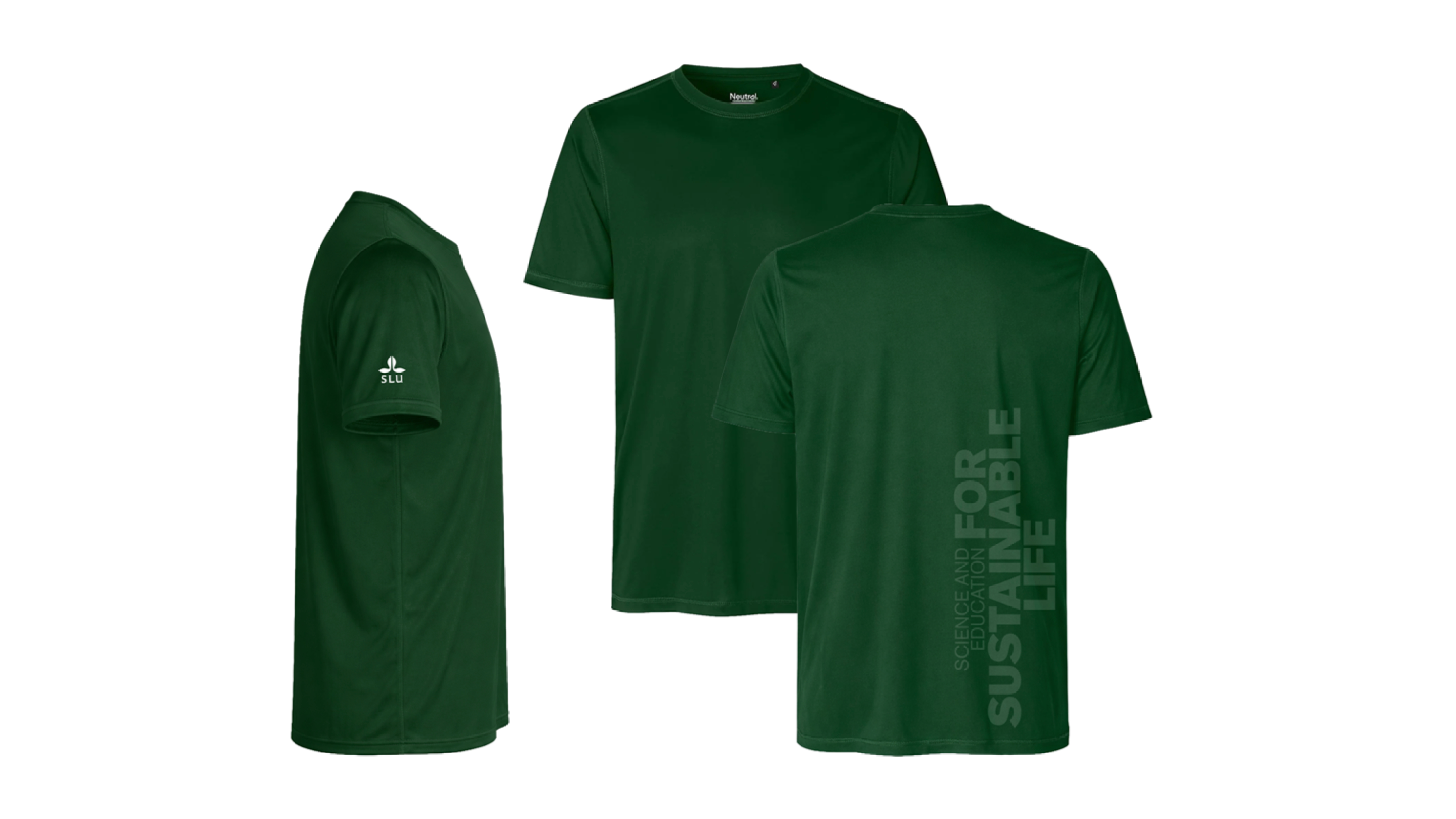 Tre gröna t-shirts med SLU-logotyp och varumärkeslöfte