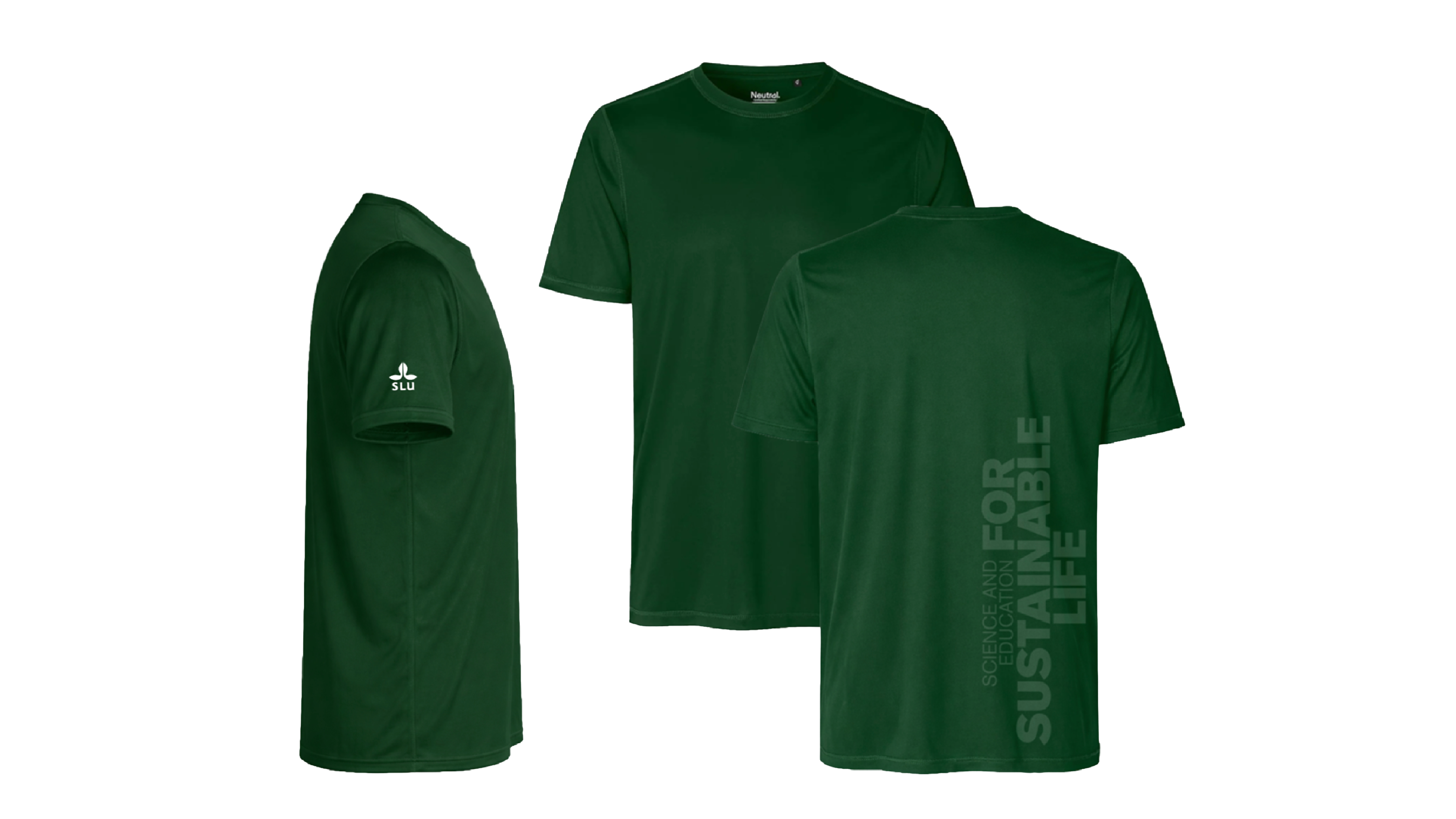 Tre gröna t-shirts med SLU-logotyp och varumärkeslöfte.