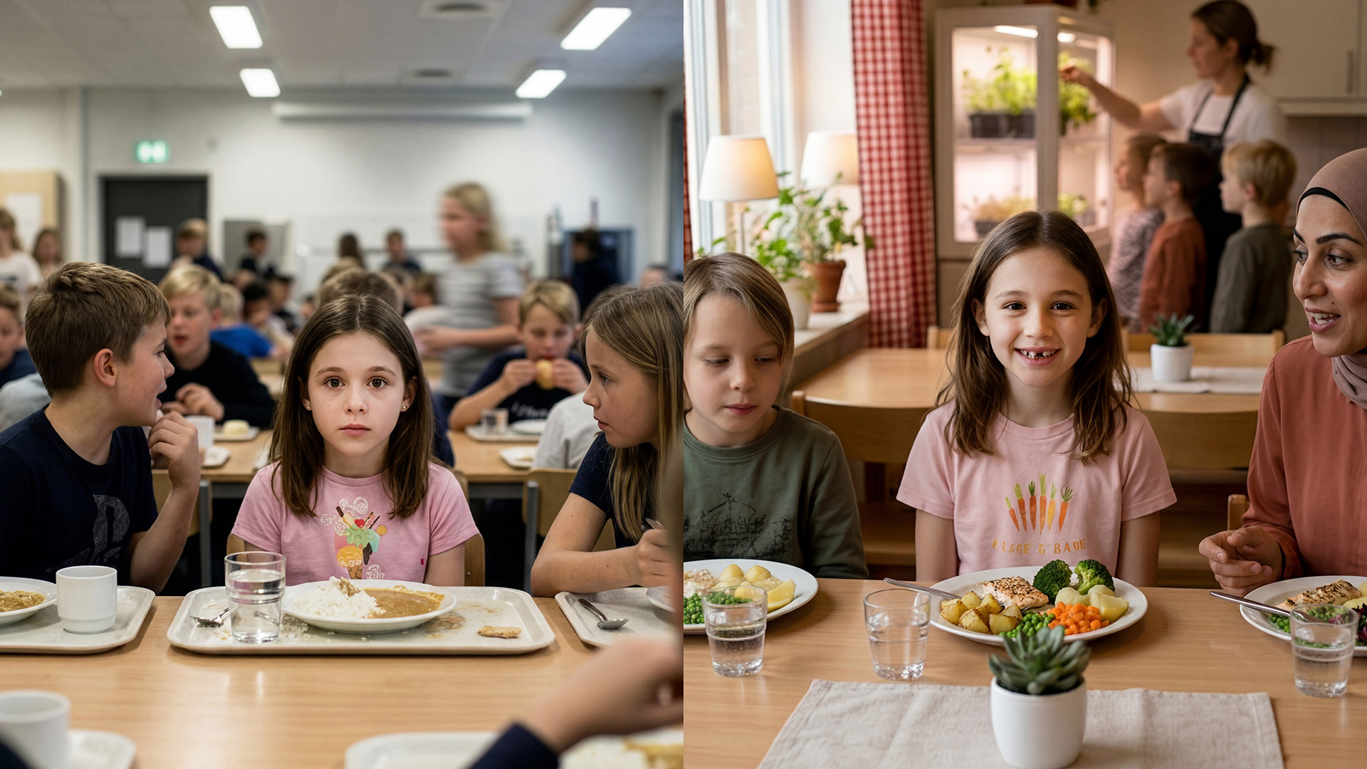 Till vänster barn i en stökig skolmatsmiljö, till höger barn i en lugn och undervisningsrelaterad matmiljö. Ai-genererat foto.